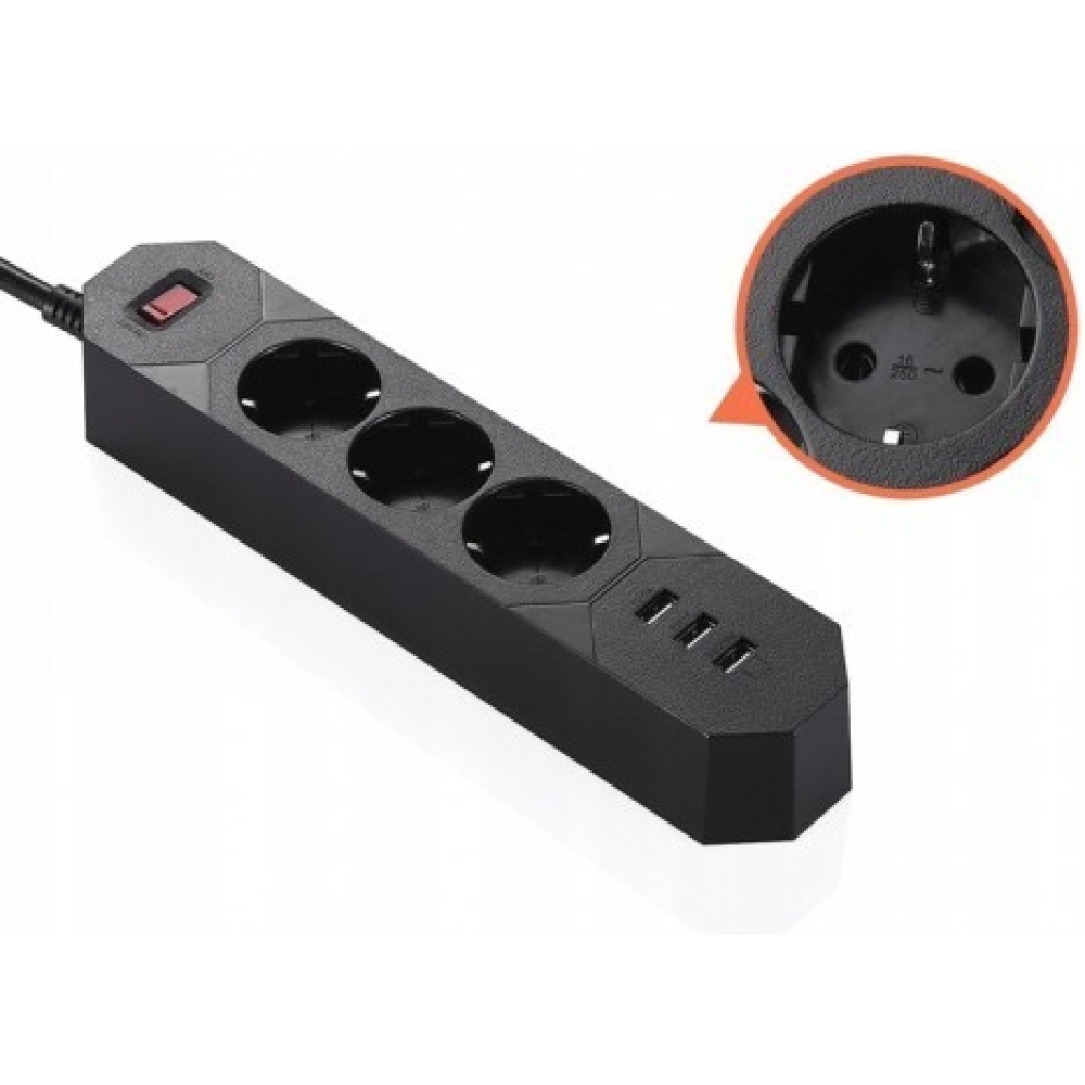 prelungitor cu priza multipla 3 posturi 3 porturi usb negru 2