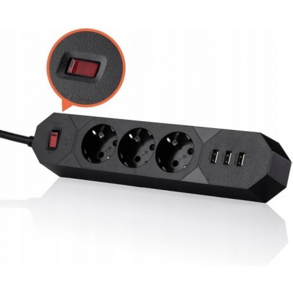 prelungitor cu priza multipla 3 posturi 3 porturi usb negru 3