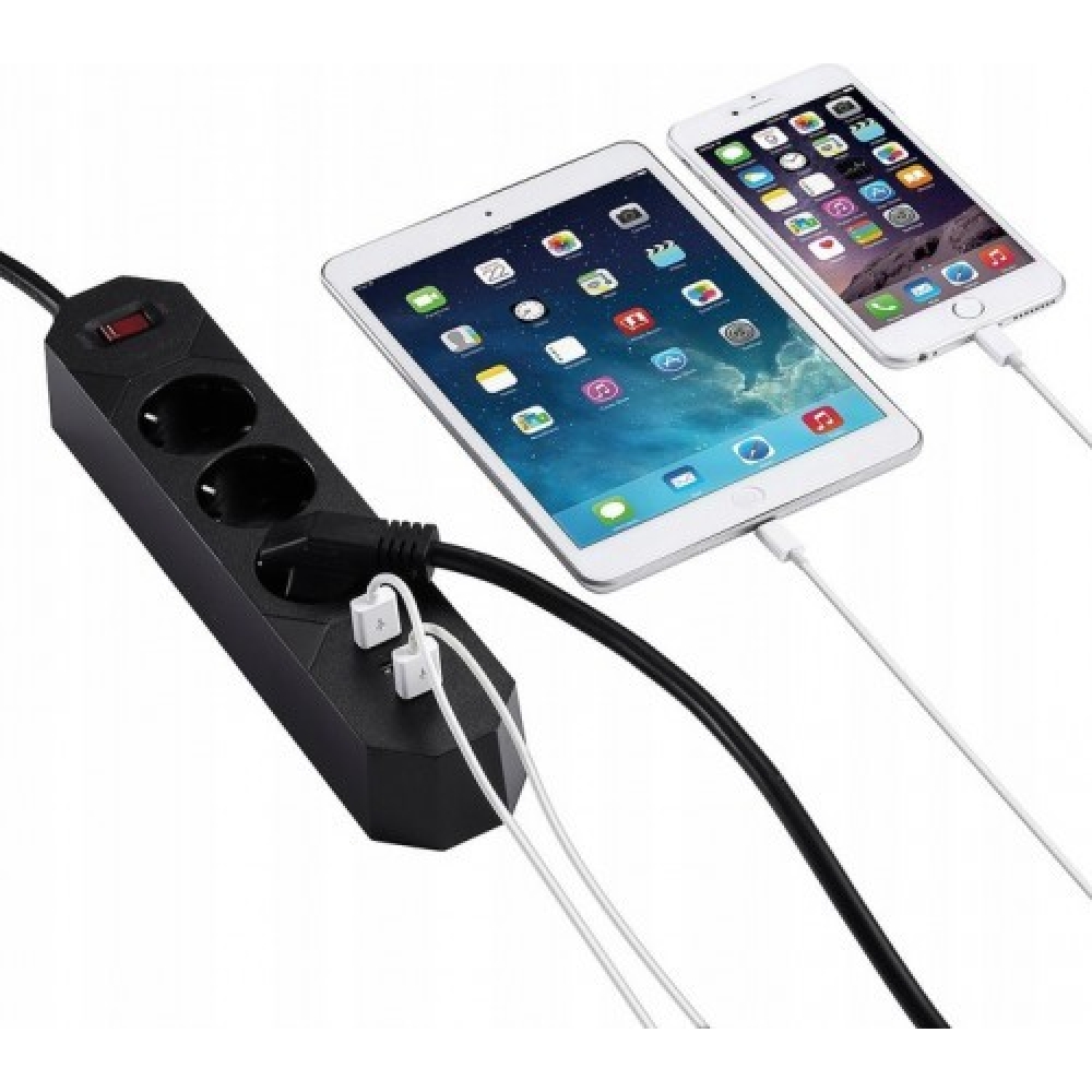 prelungitor cu priza multipla 3 posturi 3 porturi usb negru 5